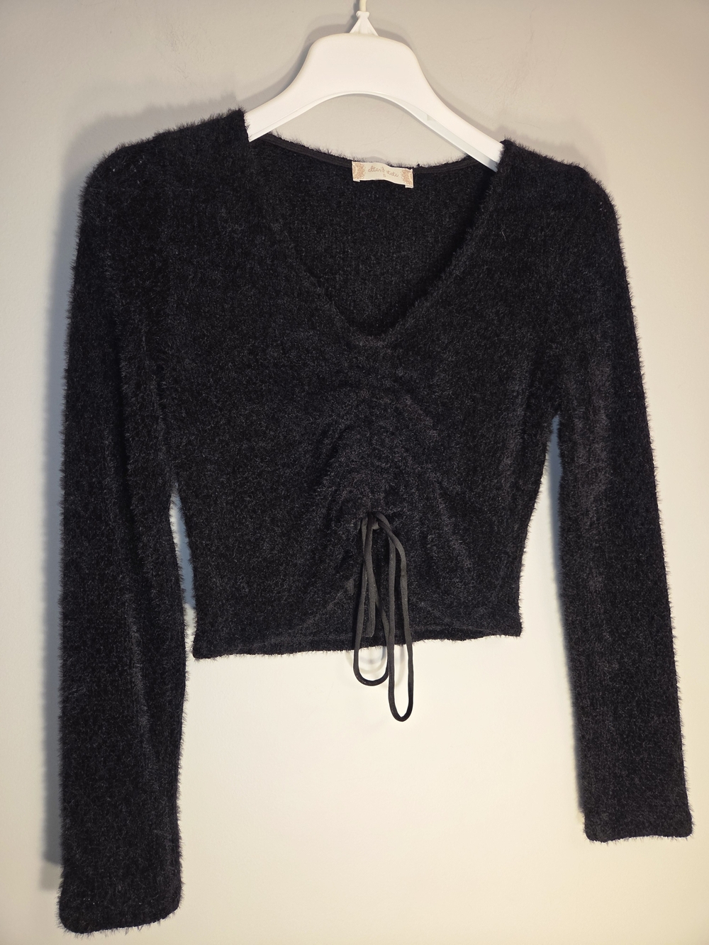Altar'd State Black Fuzzy Ruched Tie-Front V-Neck Long Sleeve Top